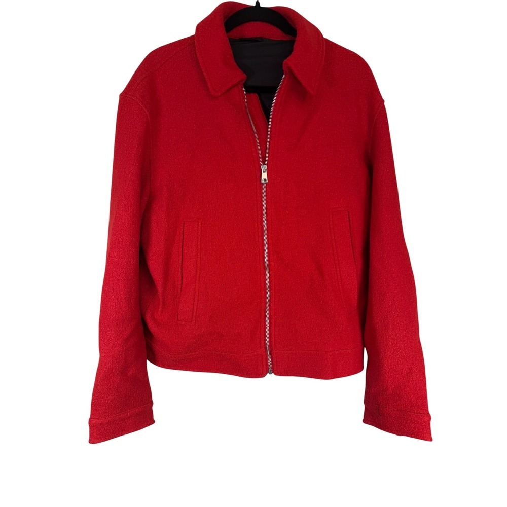 Zara Red Wool Blend Zip Up Bomber Jacket Pointed Collar Harrington Style Lined